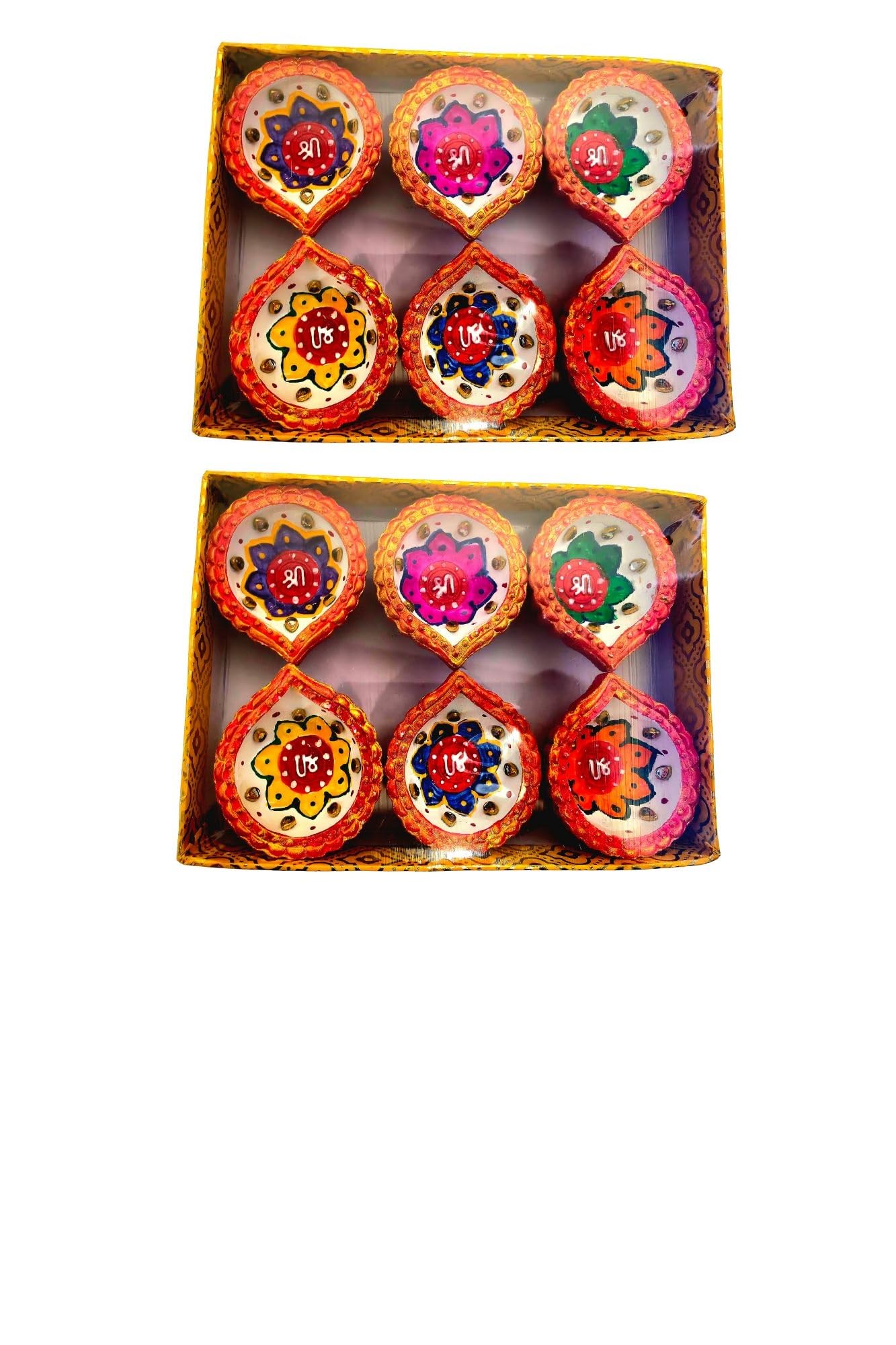 Traditional Decorative Colorful Diya (Set of 6) – Handcrafted Clay Lamps for Puja, Festivals, Diwali & Home Decoration (Design 1 (Pack of 2))