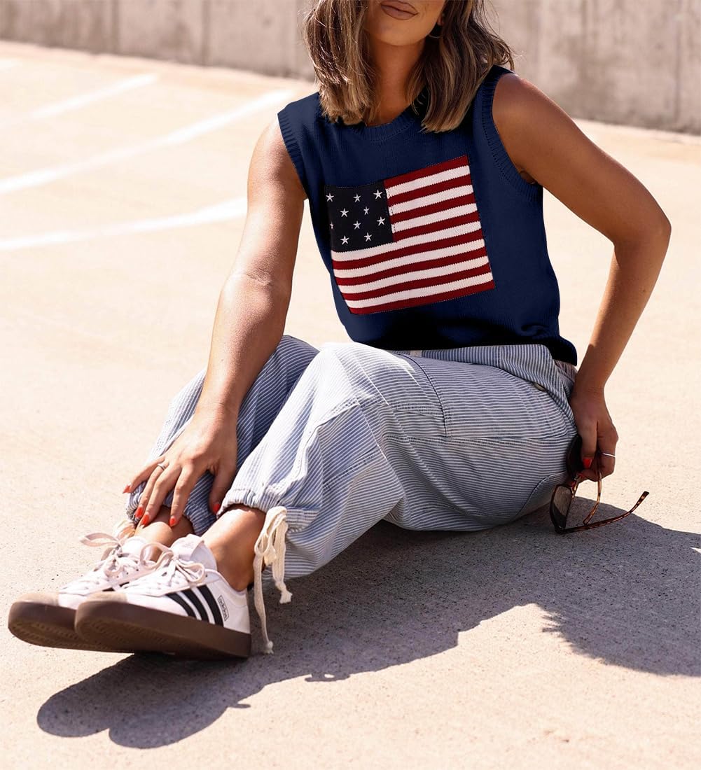 Dressmine Womens Sleeveless American Flag Sweater Vest Summer USA Knit Crop Tops Casual Trendy 2026 Shirts