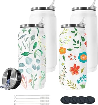 AGH 4Pack Sublimation Tumblers Blanks Cans, 12 oz Stainless Steel Sublimation Cola Tumbler Cups with Lid & Straw, Double Walled Vacuum Insulation Car Cup White