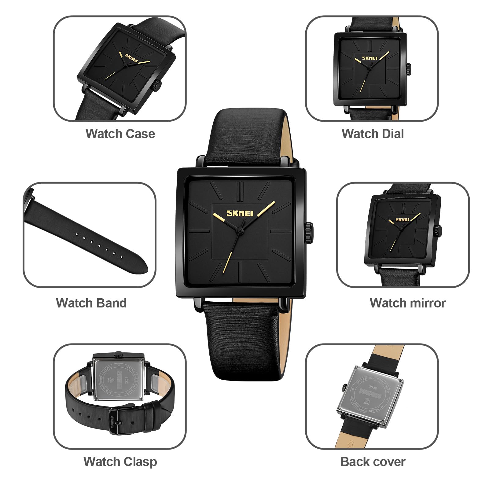 Gosasa Montre à quartz carrée unisexe avec bracelet en cuir minimaliste étanche 3 ATM analogique avec boîtier en alliage de zinc, design classique décontracté pour homme et femme