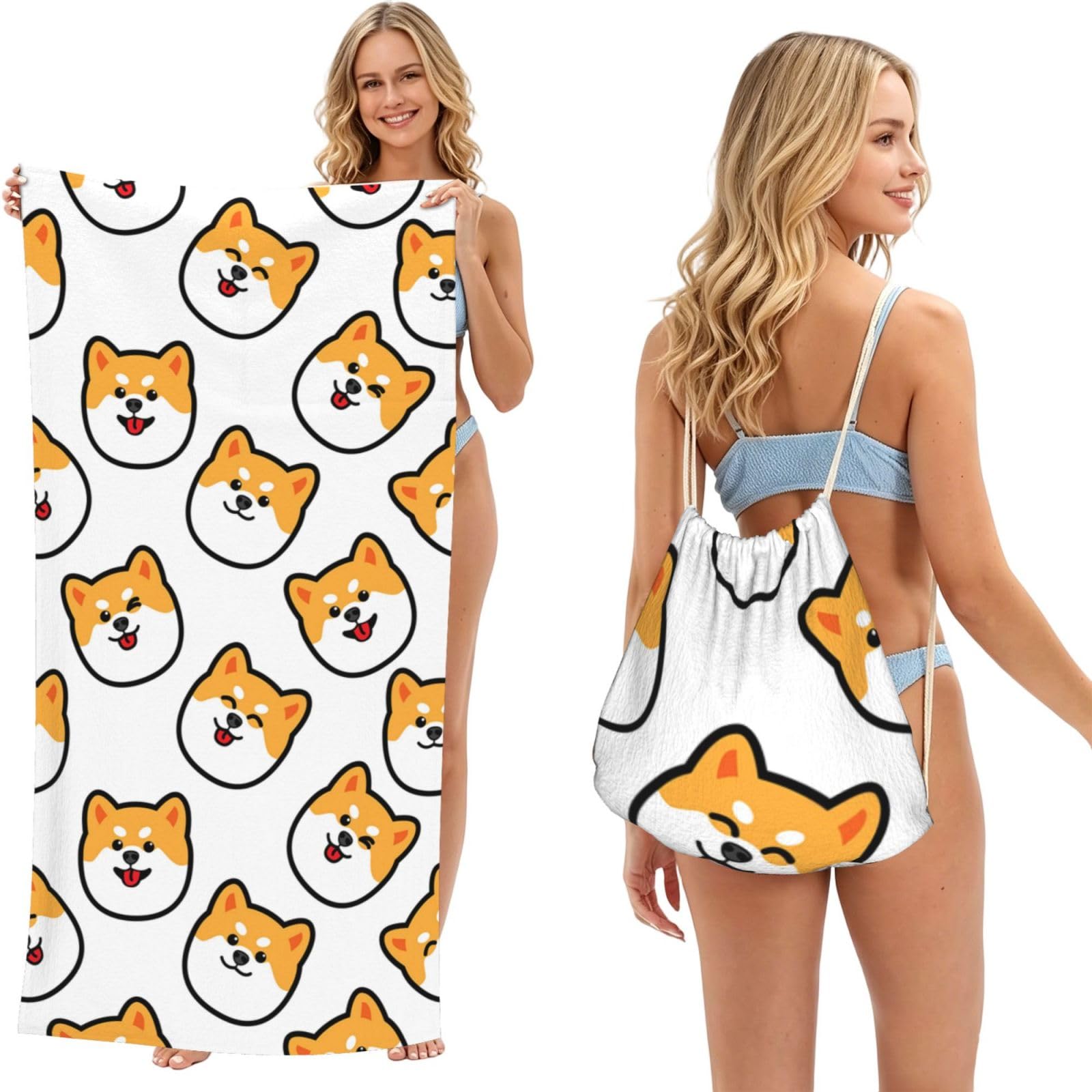 Poadnly As Picture Shiba Inu Face, 2 In 1 Packable Towel Bag, Beach Towels With Drawstring Backpack For Travel Holiday Camping