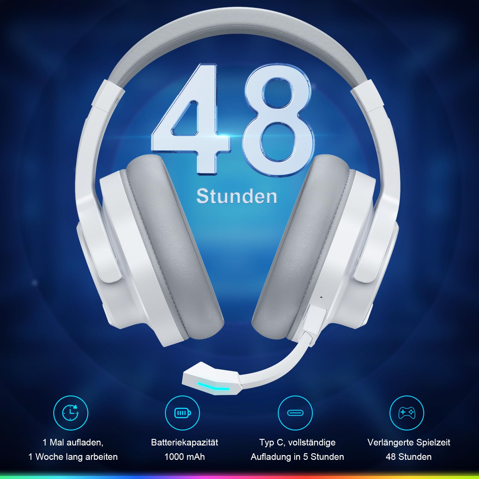 Krysenix PG3 2,4 GHz Cascos Gaming Inalámbricos para PS5, PS4, PC, Mac, Switch, Auriculares Inalámbricos Bluetooth 5.4 con micrófono Desmontable, 7.1 Sonido Envolvente, Duración 48Hr, Luz LED
