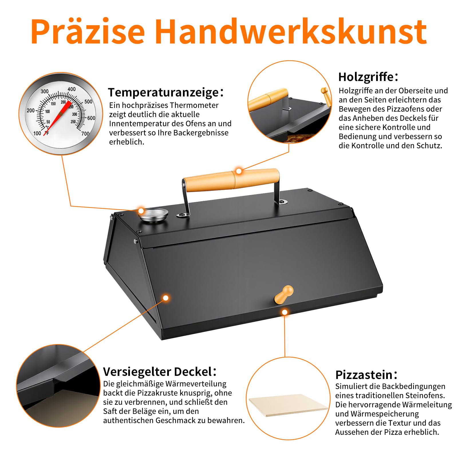 Pizzaofen Stahl Pizzaaufsatz mit Pizzastein BBQ-Pizzaofen Temperaturanzeige 40.3 x 36 x 22 cm