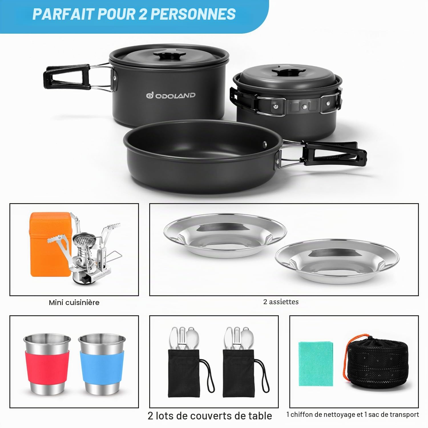 Odoland Lot de casseroles de Camping avec casseroles et poêle à Couverts pliants, crevettes pour 1 à 2 Personnes légères et compactes pour Camping, randonnée, Pique-Nique, randonnée