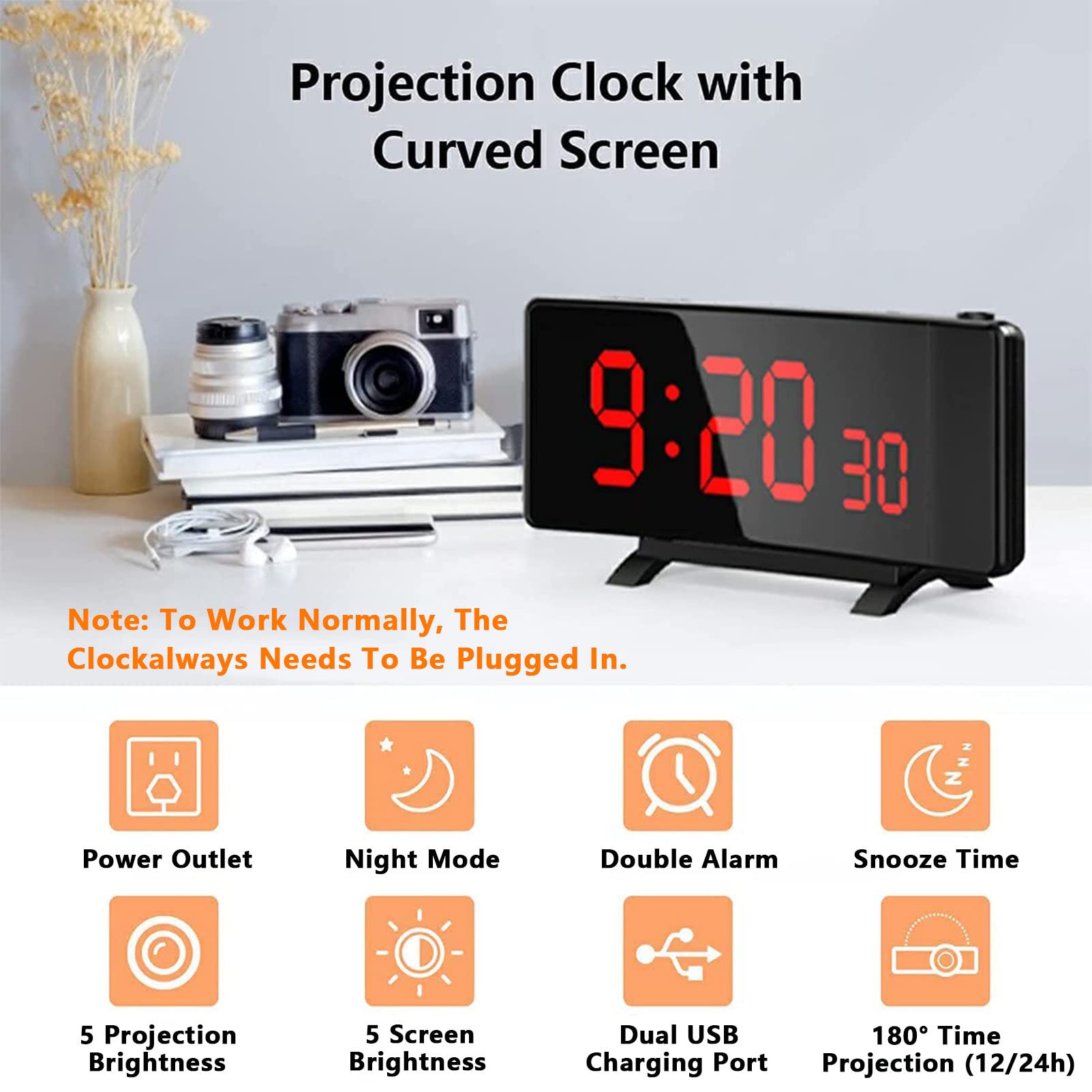 RayGenius Despertador Digital, Radio Despertador FM, Reloj Digital con Puerto de Carga USB, función Snooze, Pantalla de Espejo LED de 7", Doble Alarma, visualización de Temperatura y Humedad.