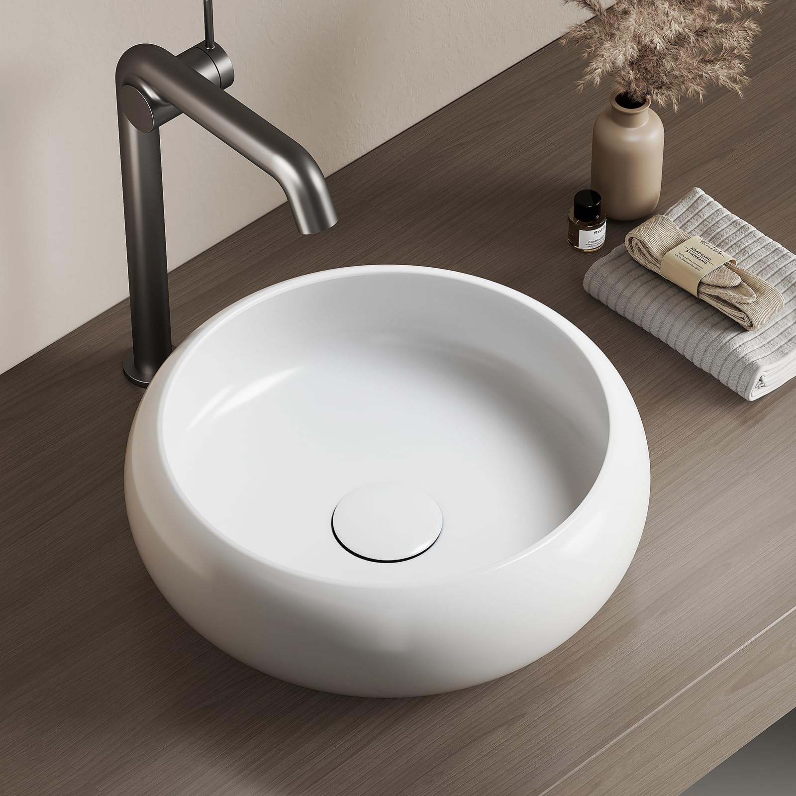Lavabo sobre encimera EMKE redondo de cerámica blanca brillante y diseño moderno para baño