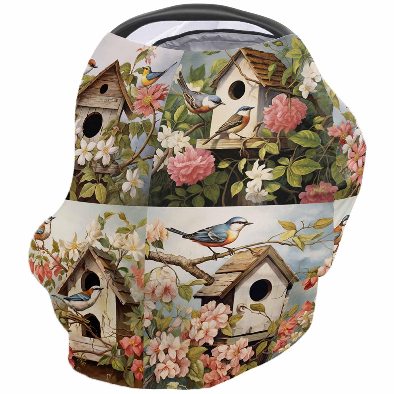 Nursing Cover for Breastfeeding Scarf, Spring Animal Flowers Retro Bird's Nest Baby Car Covers Super Soft Multi Use for Canopy Shopping Cart Cover Blanket Stroller Cover