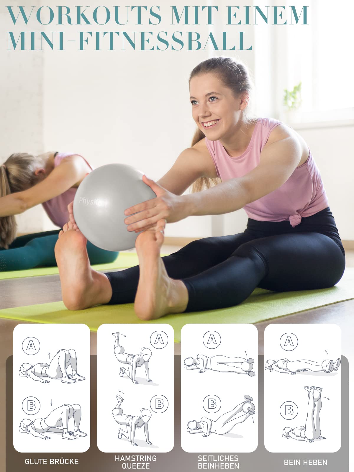 PhysKcal 85cm grijs dikke oefenbal en 23 cm Pilates Ball Set, Anti Barst Oefenbal, Anti-slip Zitbal, Balansbal, Yoga Bal voor Thuis, Sportschool en Kantoor