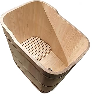 Premium Japanese Wooden Bath Tub – Natural Hinoki Wood with Copper Drain and Adjustable Steel Bands for Relaxation (Natural wood color - no lid, 47.2 inches)