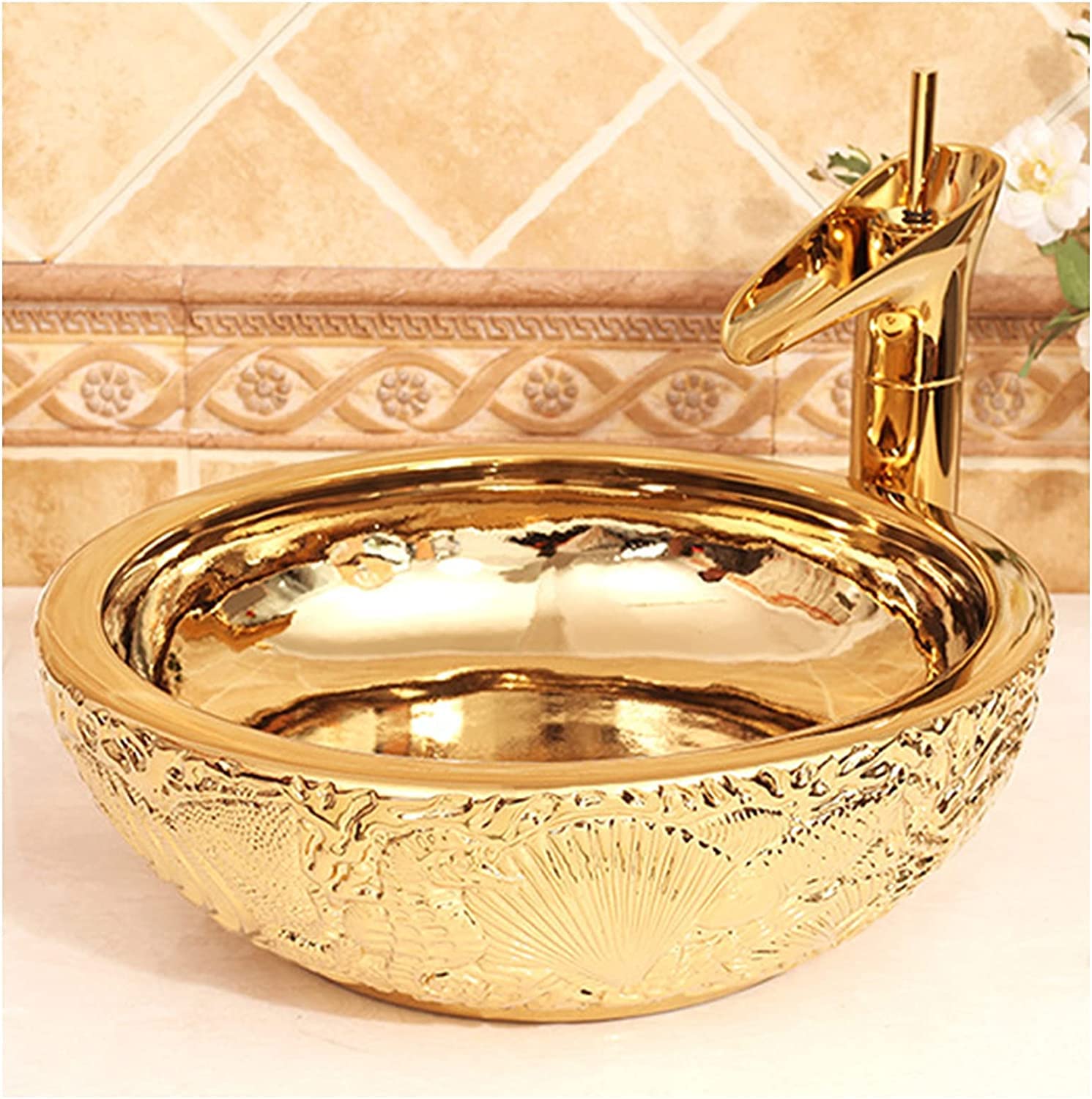 Gljtuo E Vessel Sinks, Bathroom Vessel Sink Luxury Hotel Art Sink Bathrooms Ceramic Wash Basin Round Vessel Sinks For Bathrooms Counter Top Mounted Round Vessel Sink No Overflow S,-On Siz
