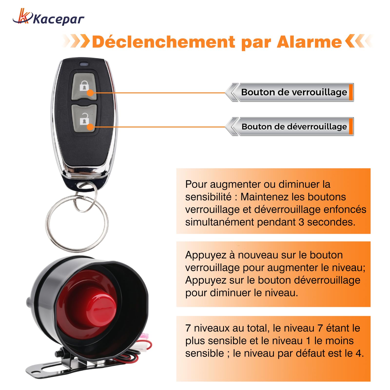 Alarme Voiture Universelle 12V, Kacepar Système Antivol avec Détecteur Security Protection Anti-Theft Kit, avec 2 télécommandes et 1 sirène de klaxon, CW-8110
