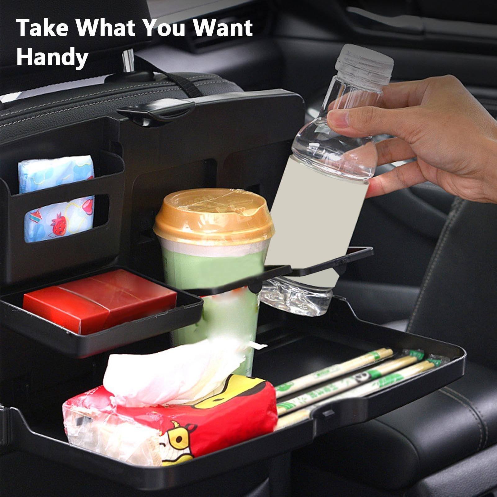 Tavolino Pieghevole per Auto con Porta Bevande - Organizer per Sedili Posteriori, Tavolo da Pranzo Multifunzione con Supporto Telefono, per Mangiare, Bere, Bambini e Scrivania