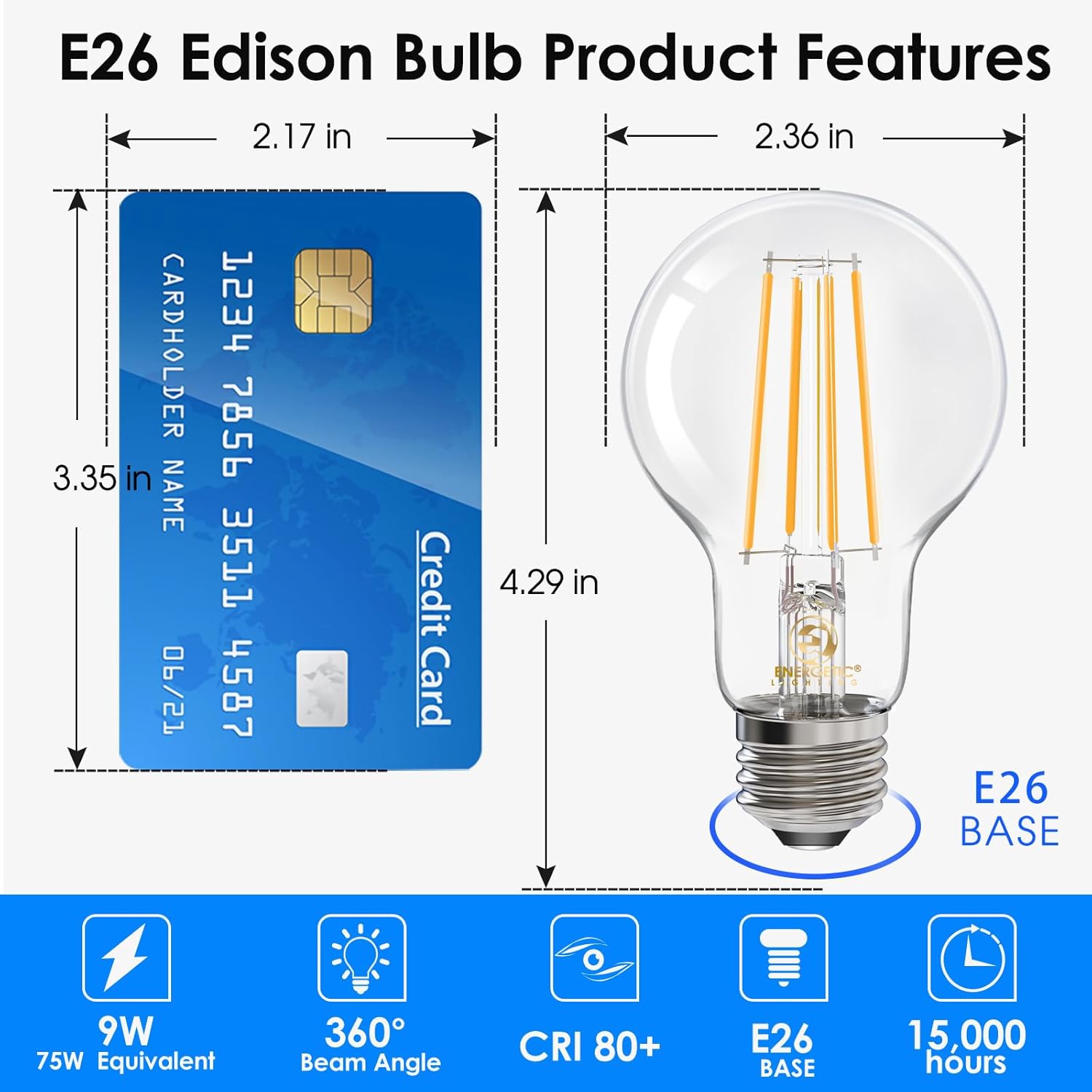 Energetic A19 LED Light Bulb 75W Equivalent, Efficient 9W, Dimmable, 2700K Soft White, 1100 Lumens, Classic Edison A19 LED Filament Light Bulbs with 80+ CRI, E26 Base, 6 Pack