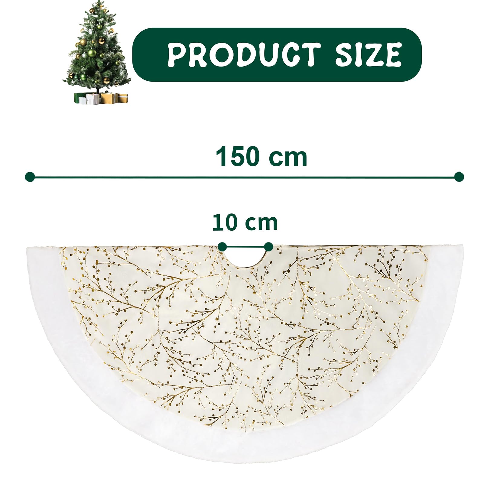 Jupe de sapin de Noël de 150 cm - Blanc et doré - Fausse fourrure - Ronde - Épaisse - En velours - Pour décoration de sapin de Noël