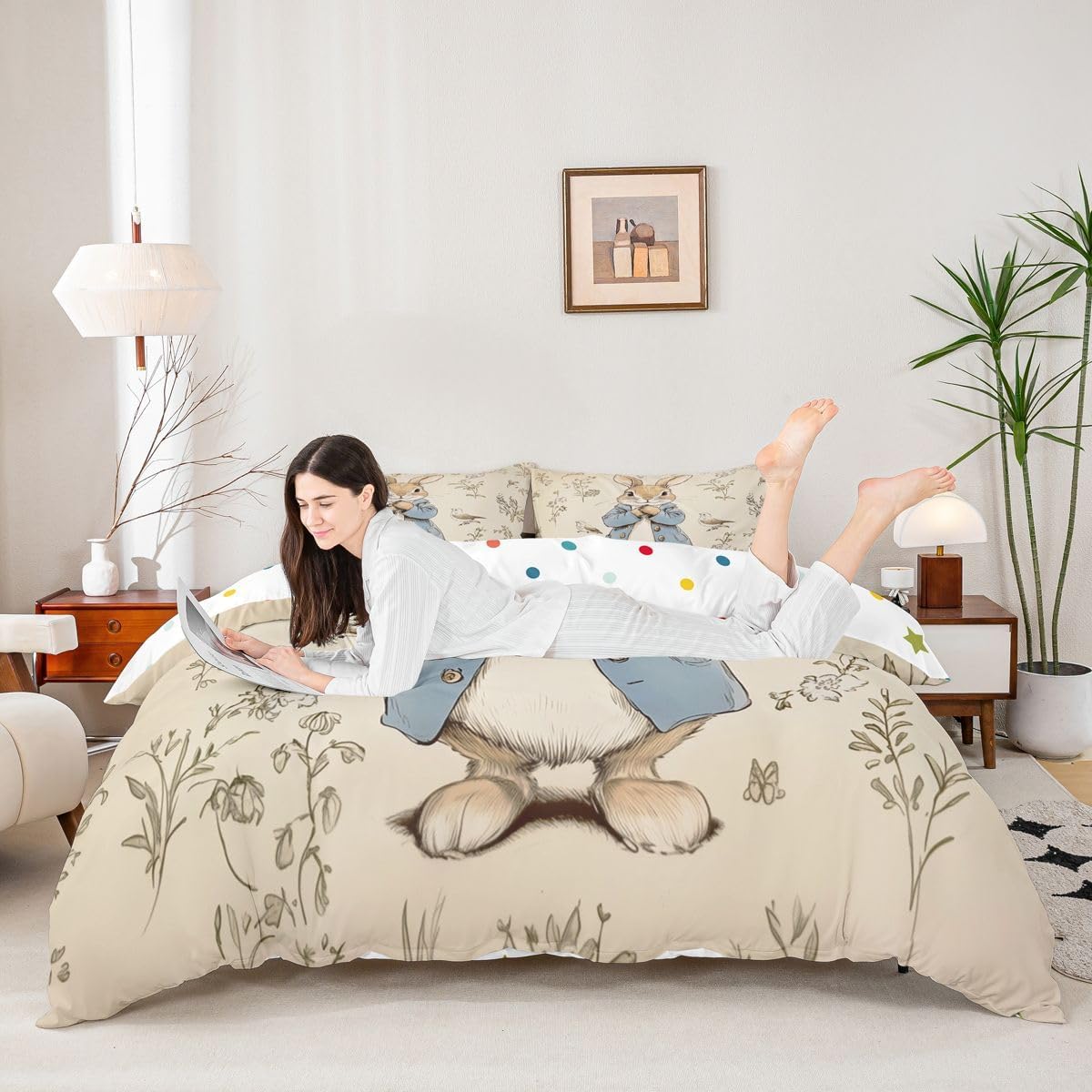 Manfei Happy Easter Bedding Set Cartoon Cute Rabbit Bird Duvet Cover King Size Kids Spring Plants Farmhouse Comforter Cover Beige Girls Boys Room Decor with 2 Pillowcases(No Comforter)