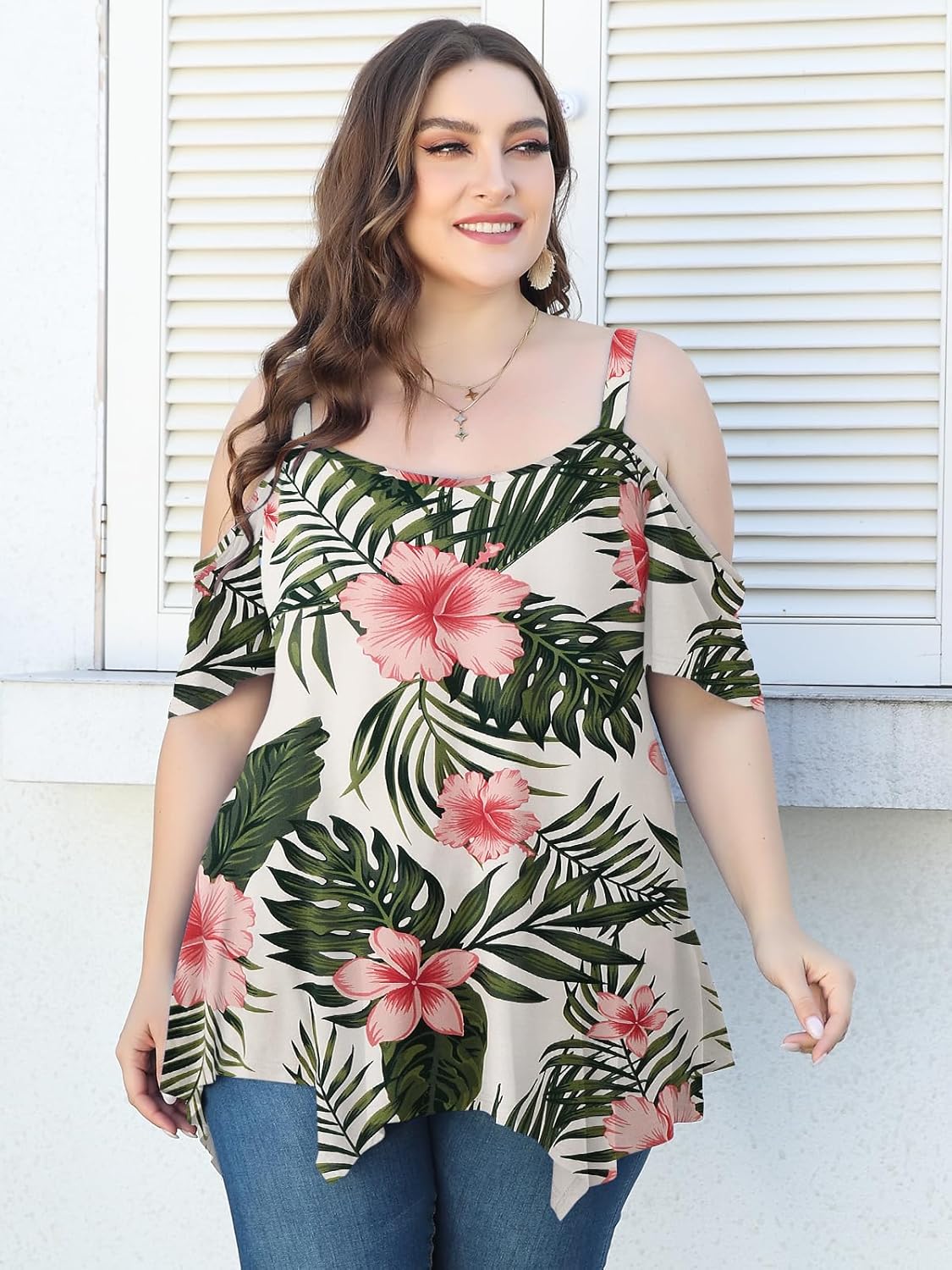 LARACE Cold Shoulder Tops for Womens Summer Clothes Spaghetti Strape Tunic Oversized Shirts Asymmetrical Plus Size Blouse - Image 3