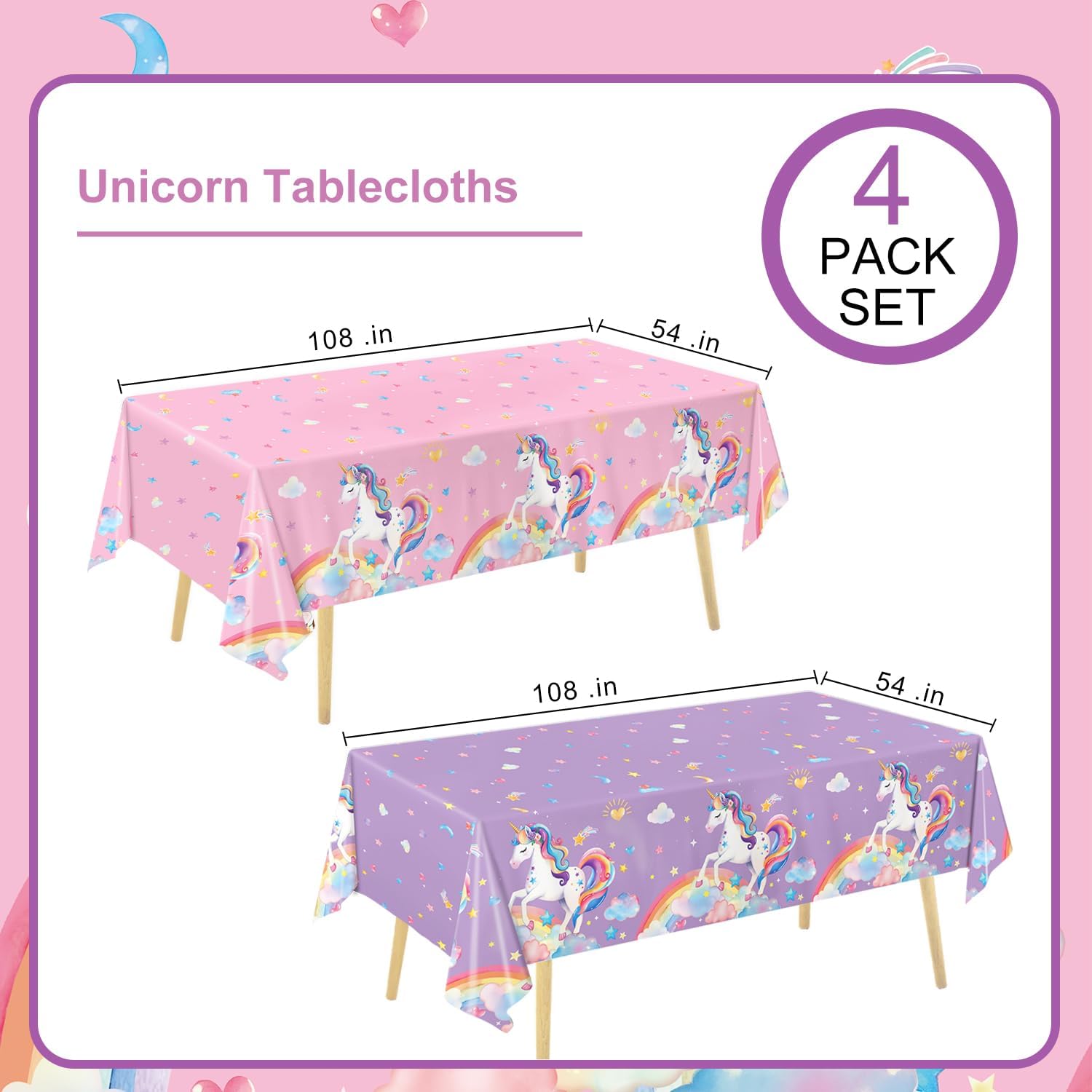 4 Pack Unicorn Tablecloths, Unicorn Birthday Decorations, Disposable Table Covers for Baby Shower Birthday Party, 54 x 108 Inch image 2