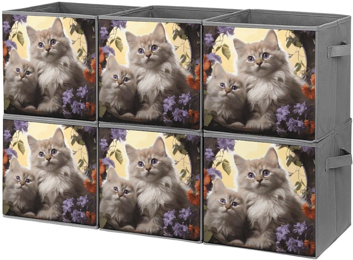 Cat Flowers Storage Cubes Set of 6 Storage Bins with Handles Collapsible Storage Basket Fabric Storage Box for Shelves Large Closet Shelf Organizer for Organization 11 Inch