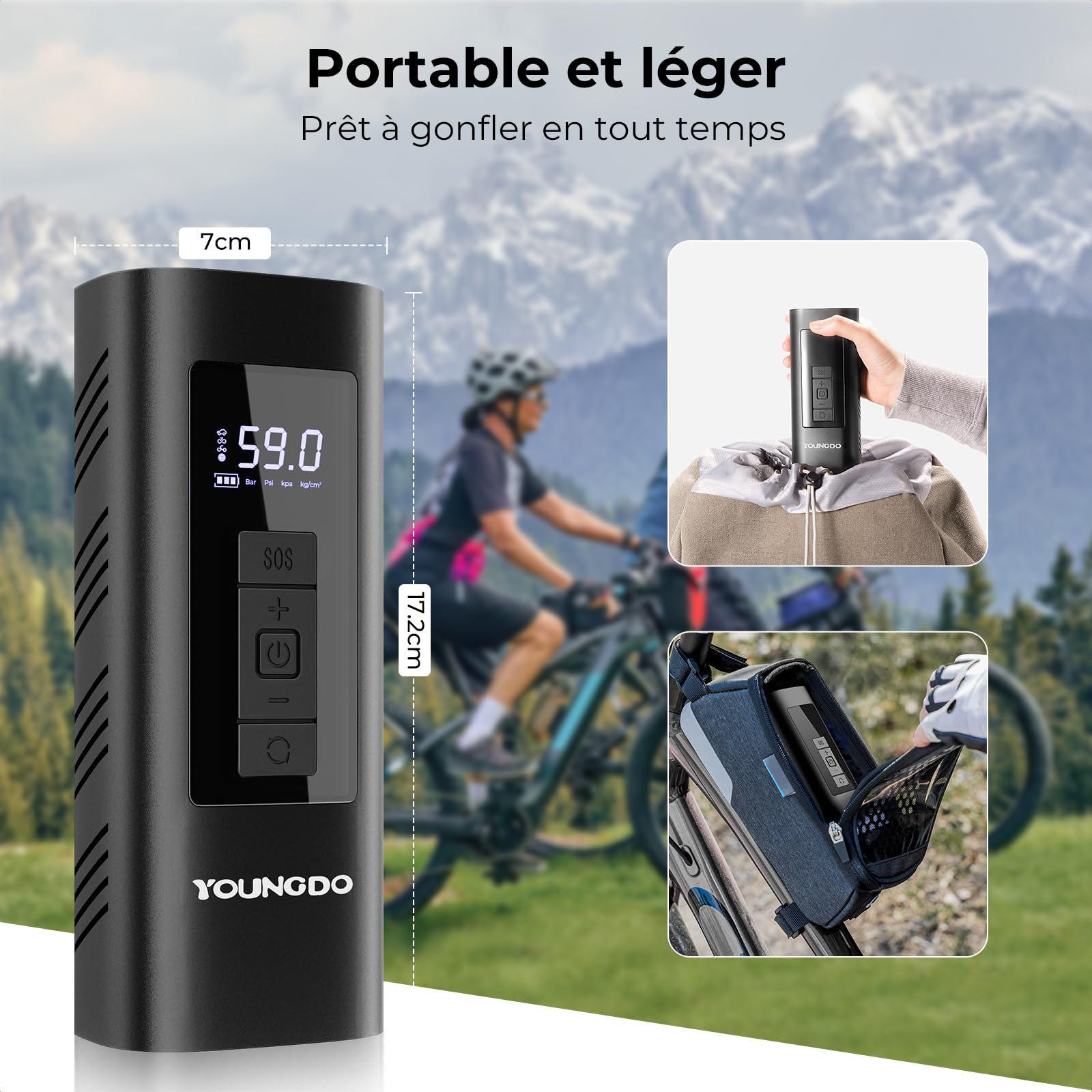 Pompe à Vélo Électrique 150PSI YOUNGDO Compresseur à Air Portatif 6000mAh
