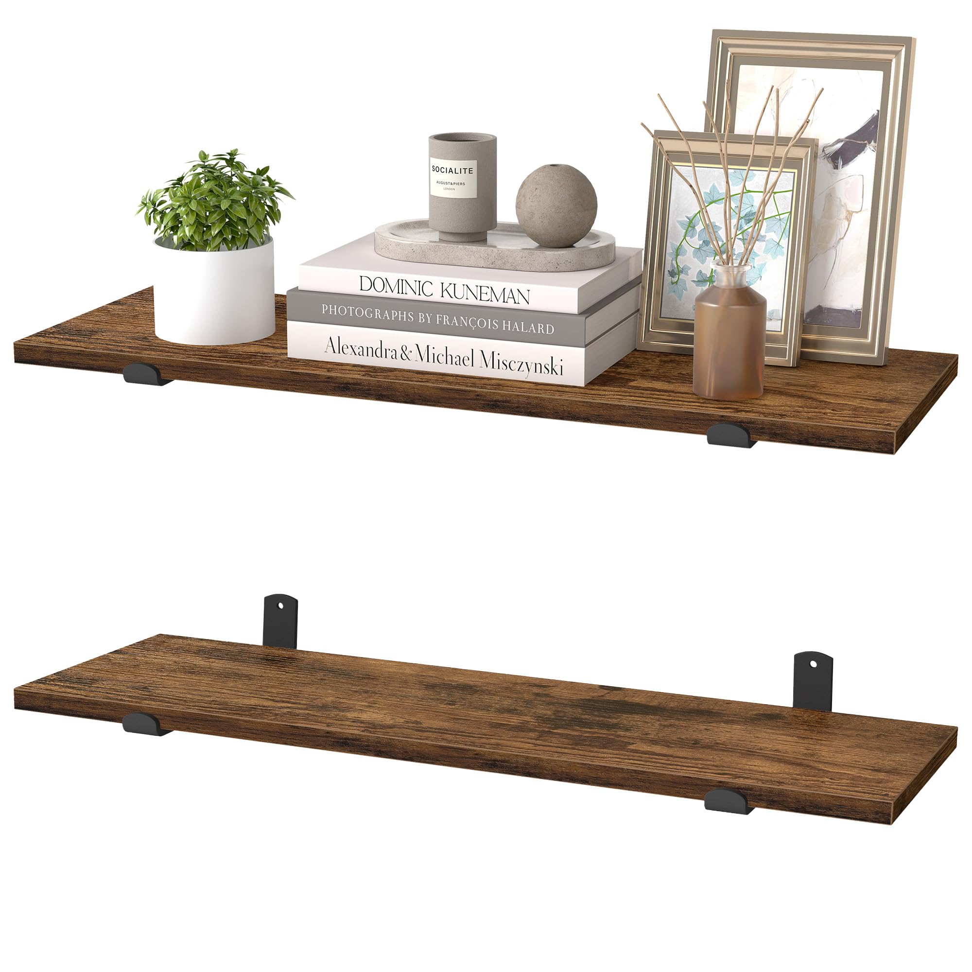 SONGMICS Floating Shelves, Decorative Wall Shelf, Modern Style, for Bedroom, Living Room, Dining Room, Kitchen, Max. Load 10 kg, 20 x 60 x 7 cm, Set of 2, Rustic Brown and Matte Black LWS004KD01-2J — image 1