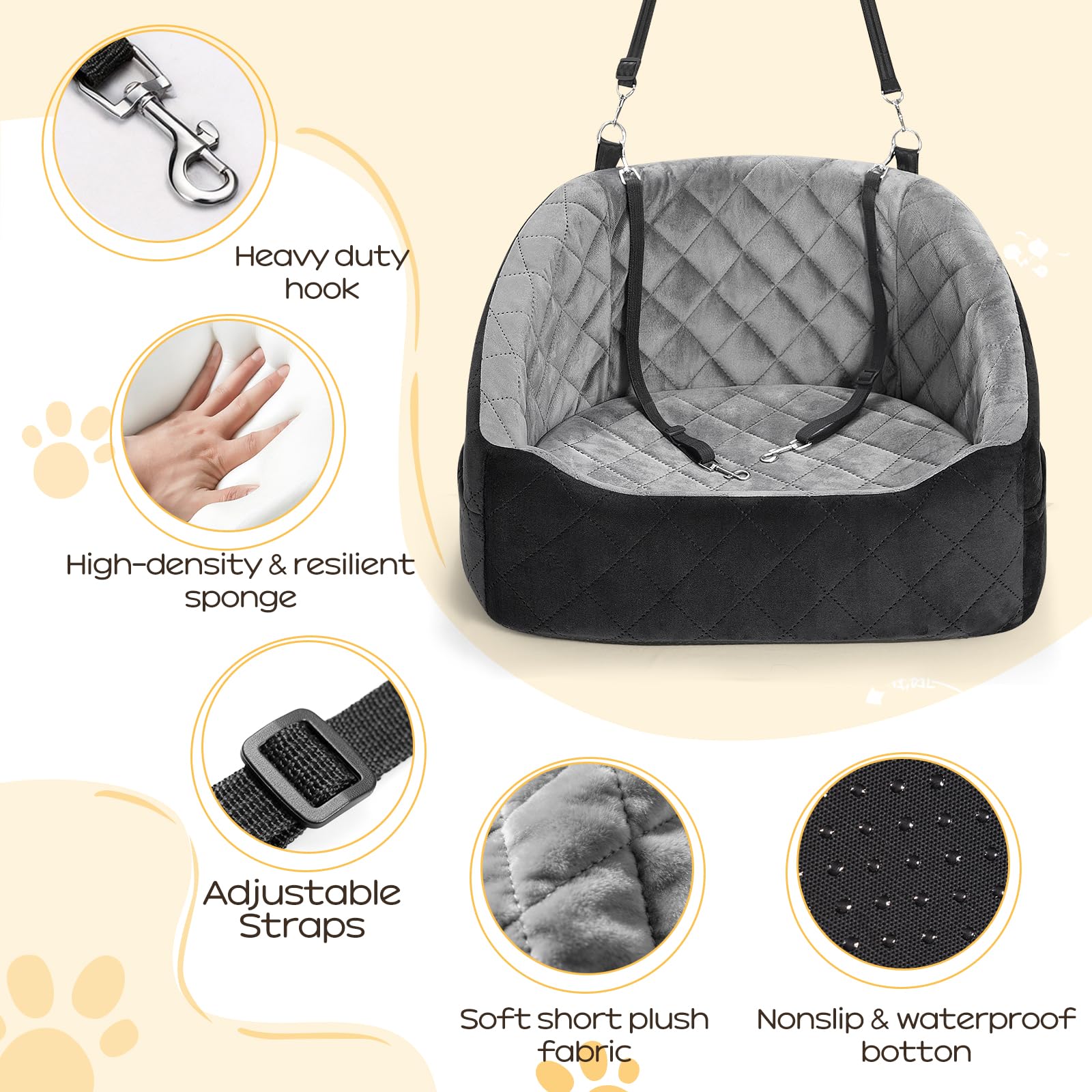 Dog Car Seat for Small Dogs Up to 30 Lbs, Pet Travel Safety Bed for Puppy Cat, Fits in Front/Back Seat, Anti Slip Base, Fully Detachable Washable with 2 Safety Tether(Grey-Black) - image 3