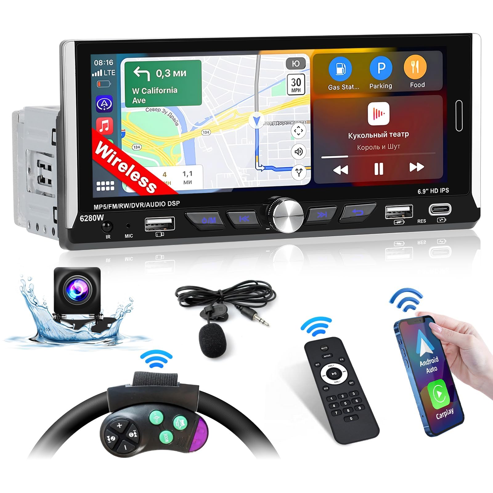 Inefala Bluetooth Car Stereo 1 Din kompatybilny z bezprzewodowym Carplay Android Auto 6,9-calowy ekran dotykowy Samochodowy zestaw stereo obsługuje Bluetooth/Mirror Link/Radio FM RDS/USB/EQ/Type-C