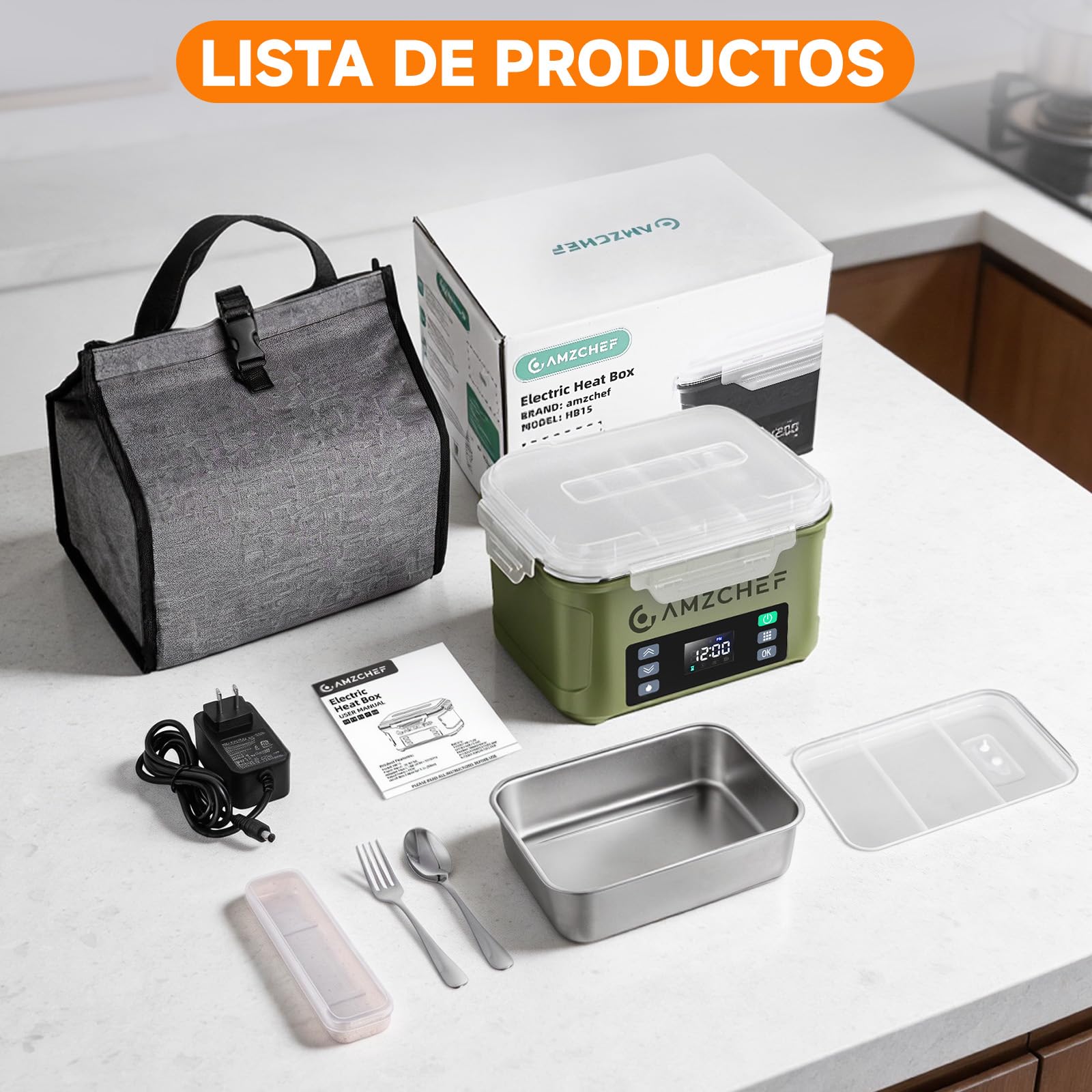 AMZCHEF Fiambrera Electrica de 1,5 L - taper electrico para comida de 27 000 mAh, calentamiento en 5 caras, función de calentamiento instantáneo, con reloj y memoria, recarga rápida (verde) | Fiambrera portátil de 1,5 l con calentamiento instantáneo, func