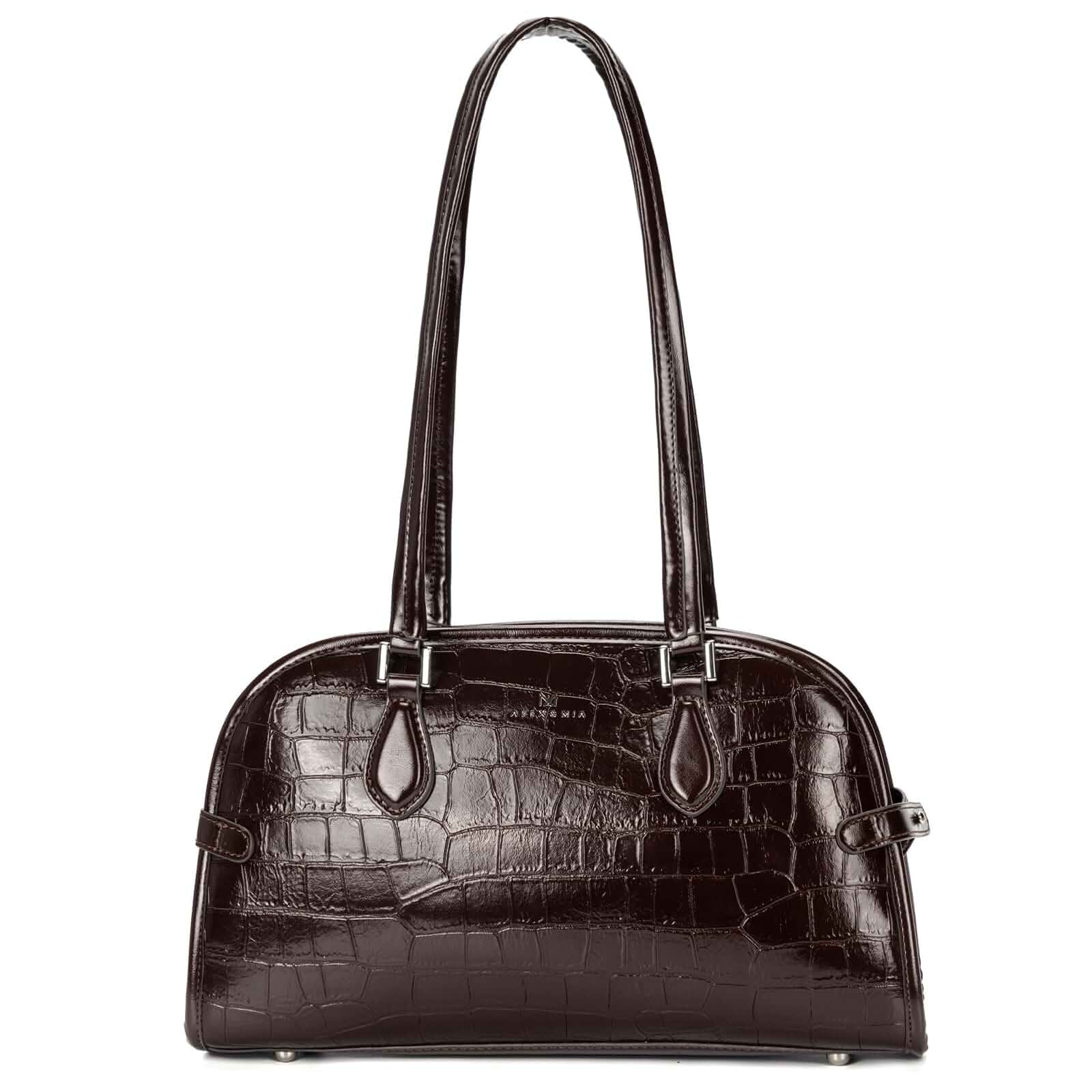ALEX&MIA Women's Leather Shoulder Bag, Crocodile Embossed Top Handle with Adjustable Strap, Vintage Dome Crossbody Purse