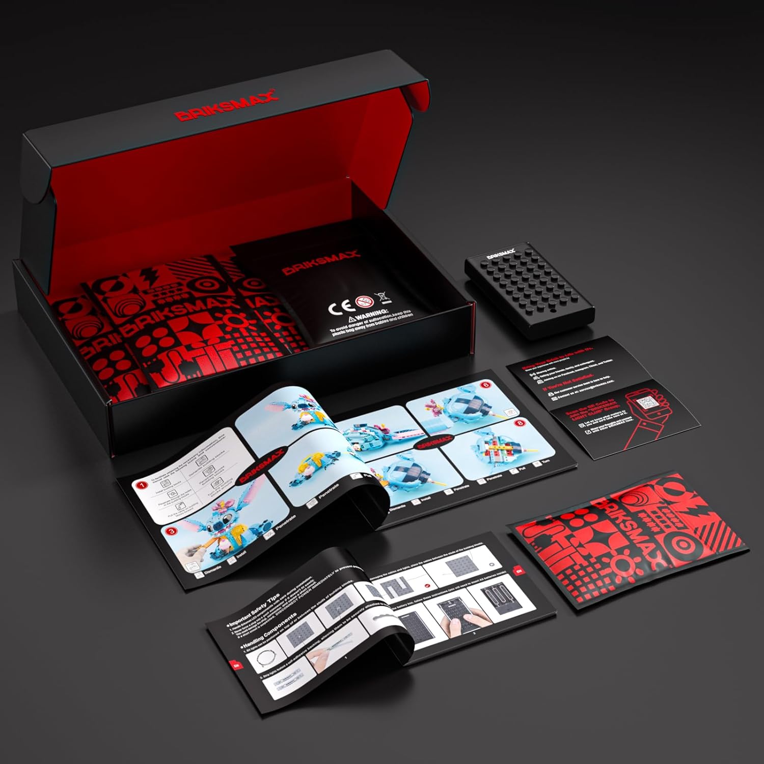 Contents of the BRIKSMAX LED lighting kit, including lights, wires, battery box, and instructions.