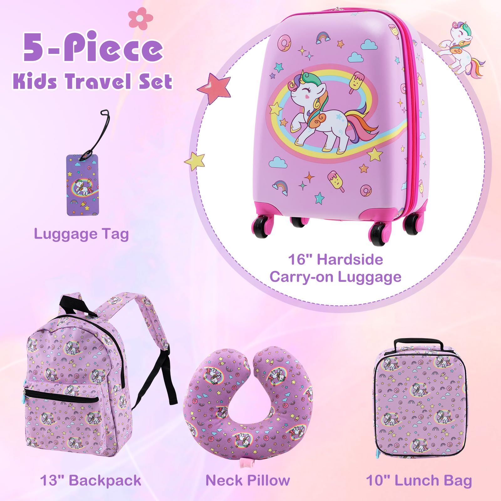SOARS Maleta Infantil de 5 Piezas, Maleta Viaje con Mochila, Cojín Cervical, Bolsa de Almuerzo y Etiqueta de Equipaje, Equipaje Infantil con Ruedas y Asa Telescópica, para niños y niñas (Unicornio)