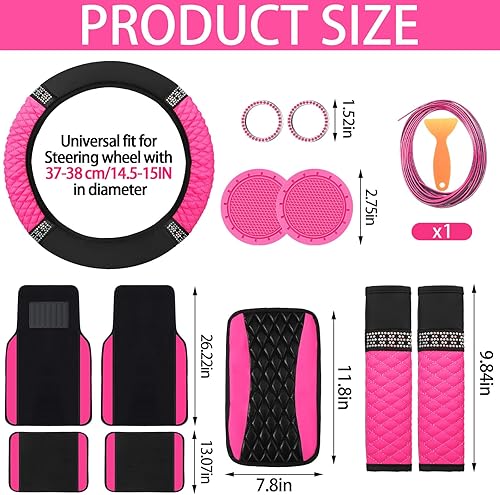 Miniatura 63 de BBTO - Set accesorios autos de mujeres, 43 piezas con brillo, protectores poliéster para asientos delanteros y traseros, funda volante, alfombrillas