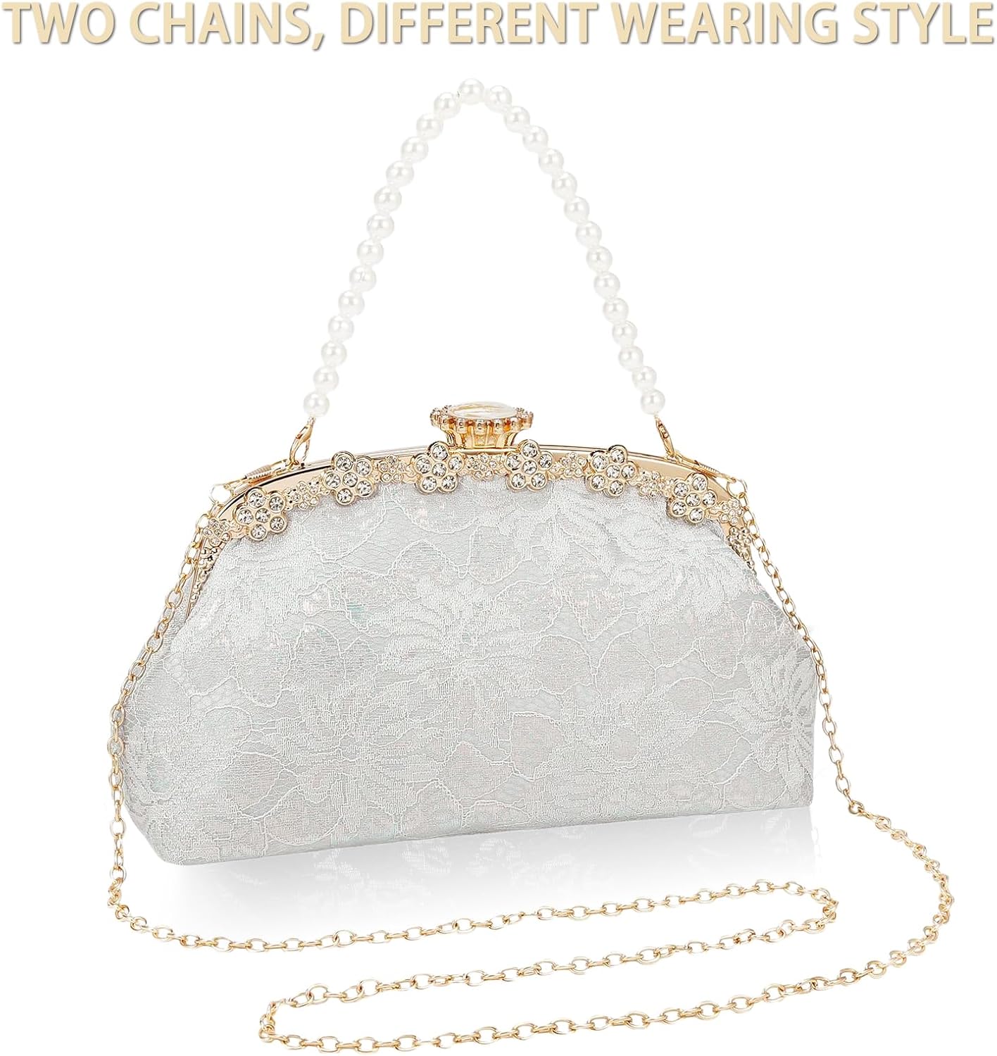 YYW Clutch Purse for Women Lace Formal Evening Bag with Rhinestones for Wedding Prom Party Clutch Shoulder Cross Body Handbag