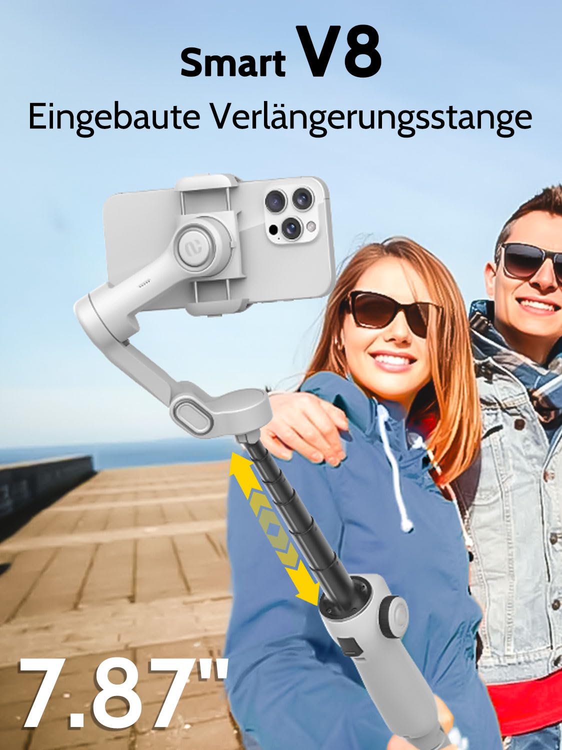 AOCHUAN Smartphone-Gimbal für Videoaufnahmen mit AI-Tracking, 3-Achsen-Vlogging-Gimbal-Stabilisator für iPhone 16/15 mit OLED-Display mit 7,8-Zoll-Verlängerungsstange, Auslösetaste Smart V8 (Weiß)