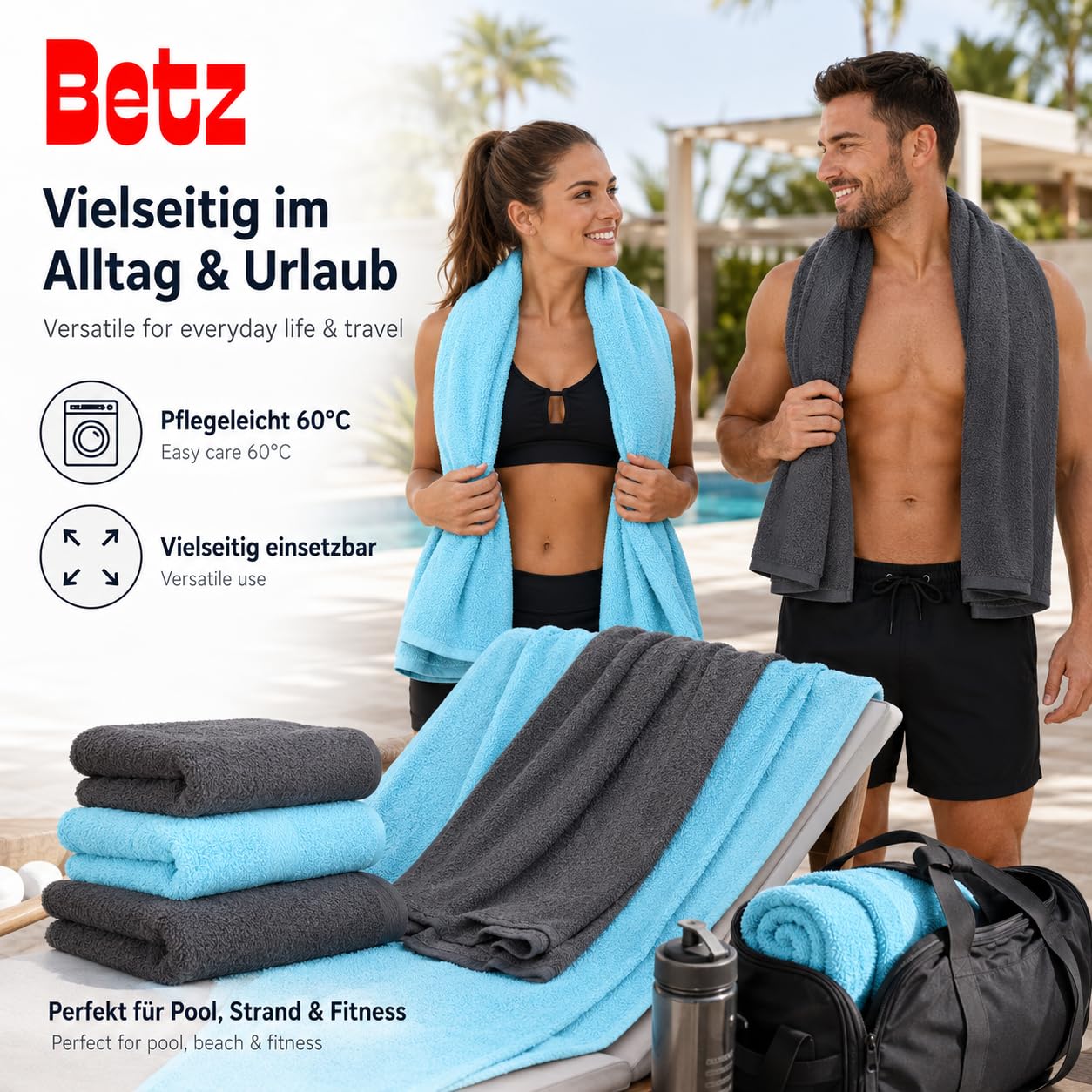 Betz Juego de 10 Toallas Classic 100% algodón 2 Toallas de baño 4 Toallas de Lavabo 2 Toallas de tocador 2 Toallas faciales de Color Turquesa y Gris Antracita