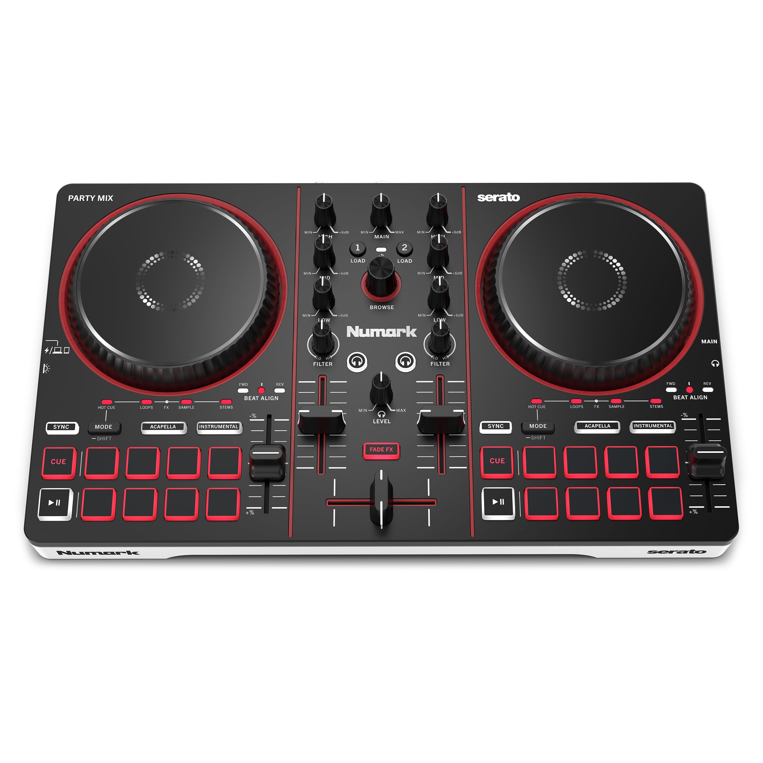 Numark Party Mix III Controller DJ Bluetooth con Luci Integrate | Beat Assist, Smart Fader, 16 pad, mixer DJ 2 deck, controllo Stems, USB-C, Serato DJ Lite e Algoriddim djay inclusi