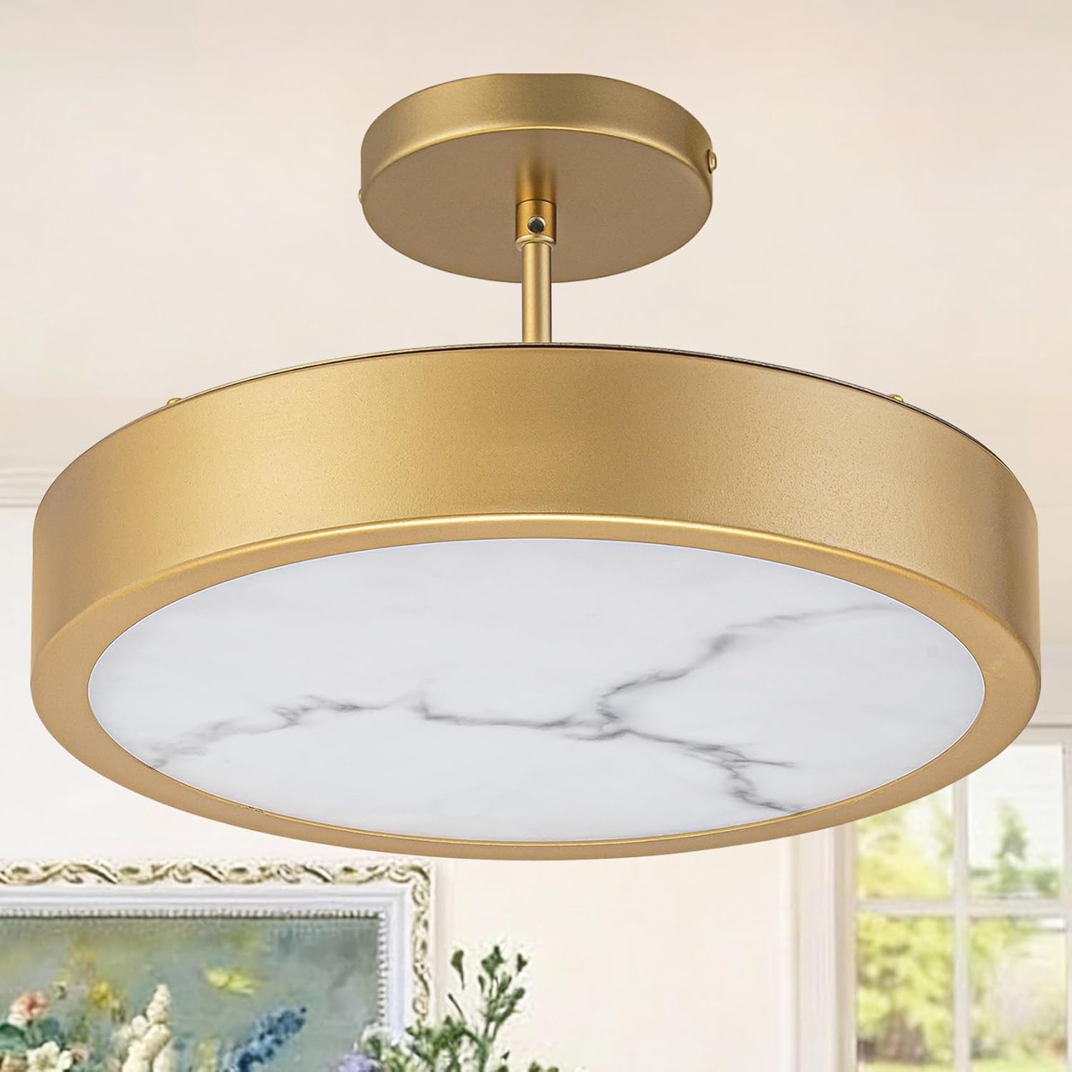 11.8" Brass Gold Semi Flush Mount Ceiling Light Fixture, Alabaster-style LED Modern Close to Ceiling Light Fixtures for Bedroom Bathroom Hallway Entryway Light Fixture, Warm White 3000K 24W CRI 90+