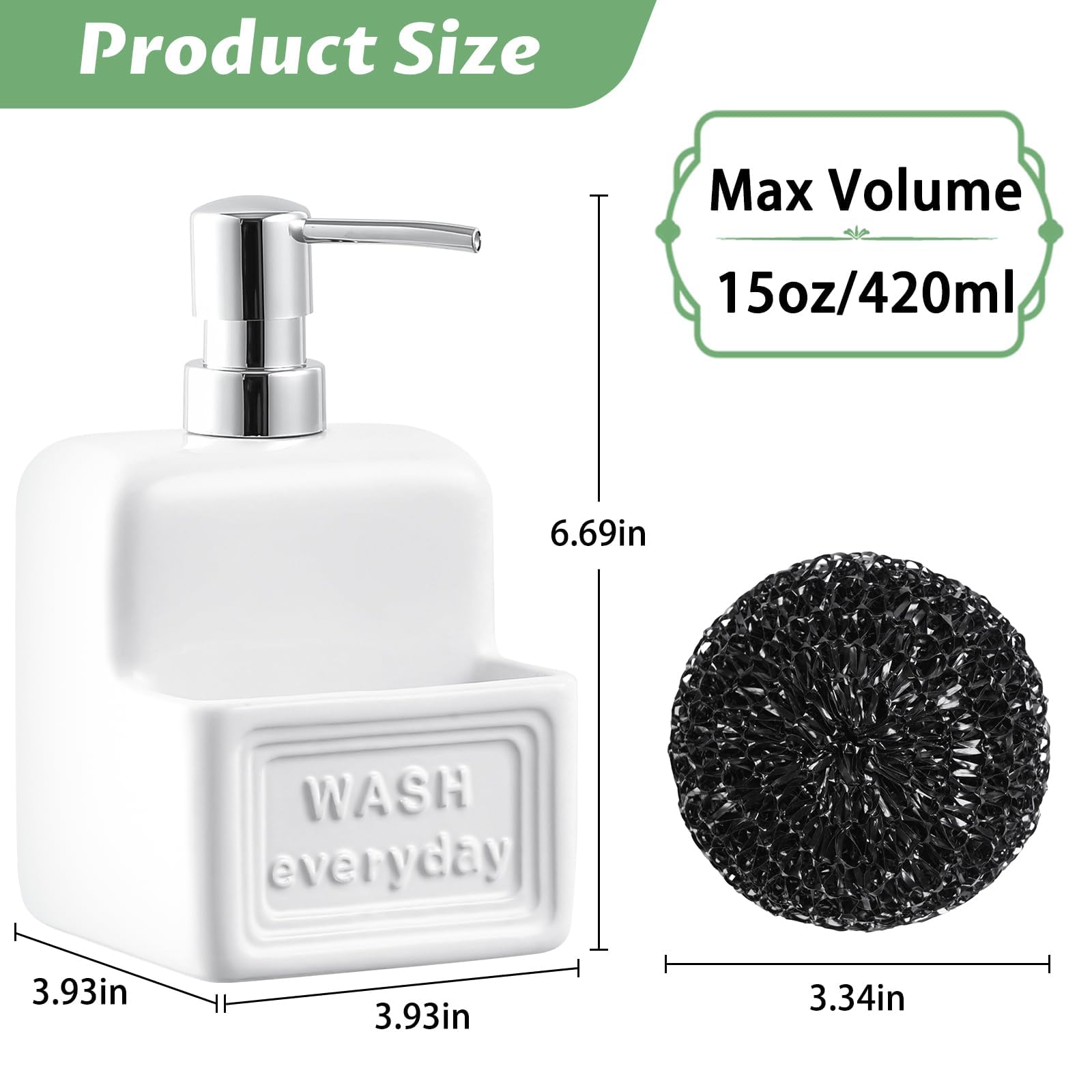 Dispensador de jabón de cerámica con Soporte para Esponja, dispensador de jabón líquido, 420 ml, dispensador de jabón con Bomba para el Cuarto de baño, la Cocina y el lavadero