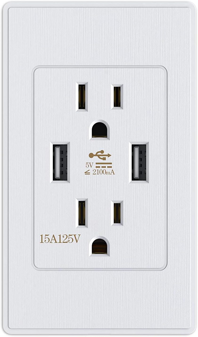Kungfuking Standard outlet 2 Socket 15 Amp Electrical Receptacle Outlet & Dual USB Ports Wall Mount with Wall Plate Power Plate