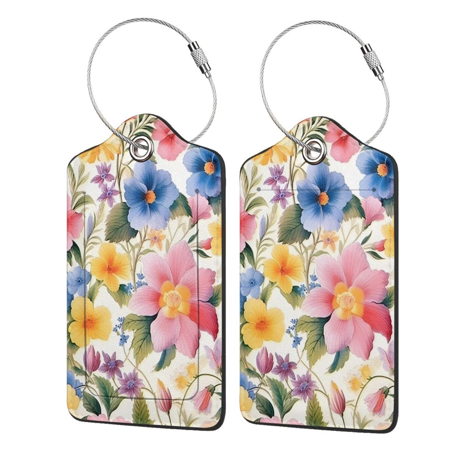 4 etiquetas de equipaje de piel sintética para maleta, hojas de flores coloridas con lazo de acero inoxidable, etiqueta de identificación de cubierta de privacidad para mujeres y hombres