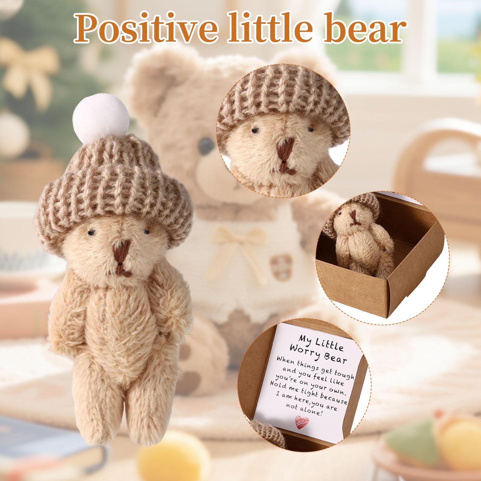 Mini Worry Bear in Box with Hat, Positive Mini Plush Bear with Encouragement Card Inspirational Stress Relief Toy for Family Friends Coworkers Gift