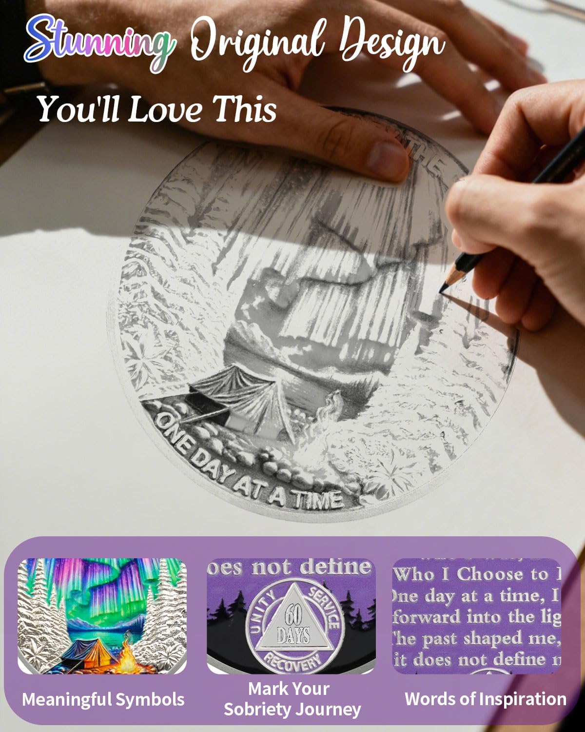 One Day at a Time 60 Day Sobriety Coin - Guided by the Light Sober Chip, 2 Month AA Recovery Medallions Two Month Sobriety Gifts for Women & Men Alcoholics Anonymous Token for Support