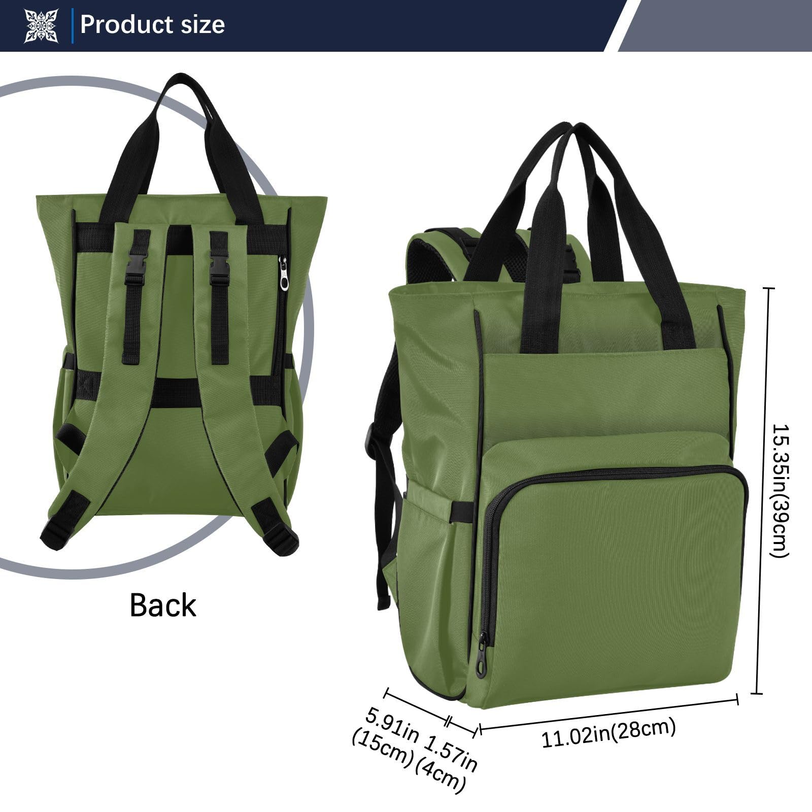 Mochila pañalera para mamás y papás, color verde oliva oscuro, color liso