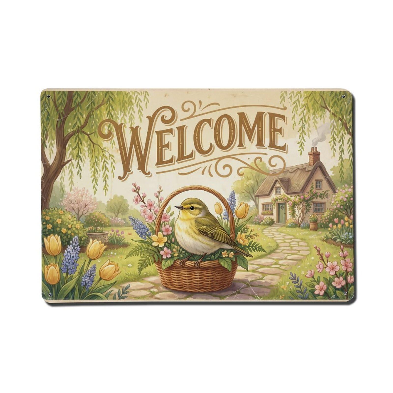 Vintage Welcome Warbler Garden Path Metal Tin Sign