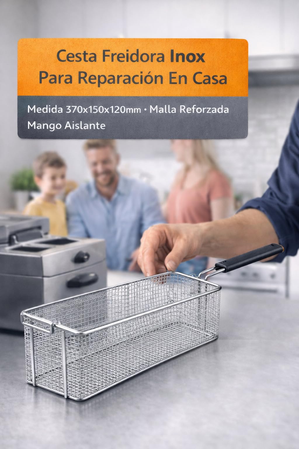 RO Linea Blanca ® Cesta Freidora Inox 370x150x120mm Malla Reforzada Mango Aislante Gancho Escurrido Repuesto Hosteleria Compatible con Angelo Po Compatible con Sagi