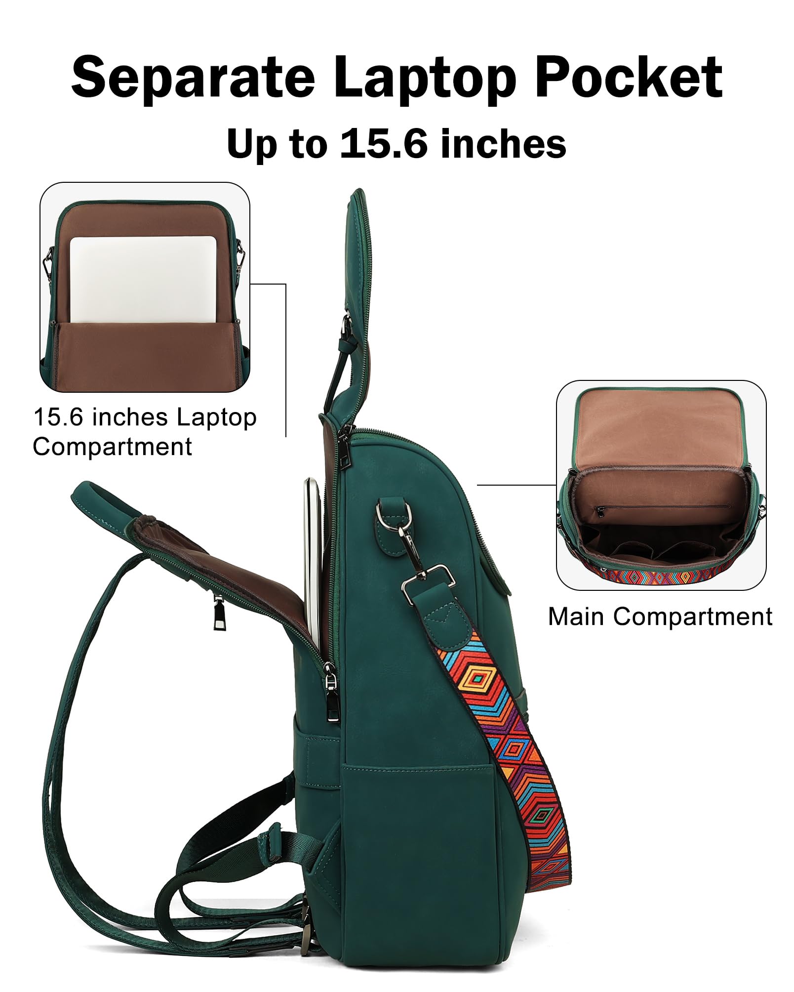 FADEON Zaino per computer portatile da donna, in pelle, con scomparto per laptop, borsa a tracolla in PU di design