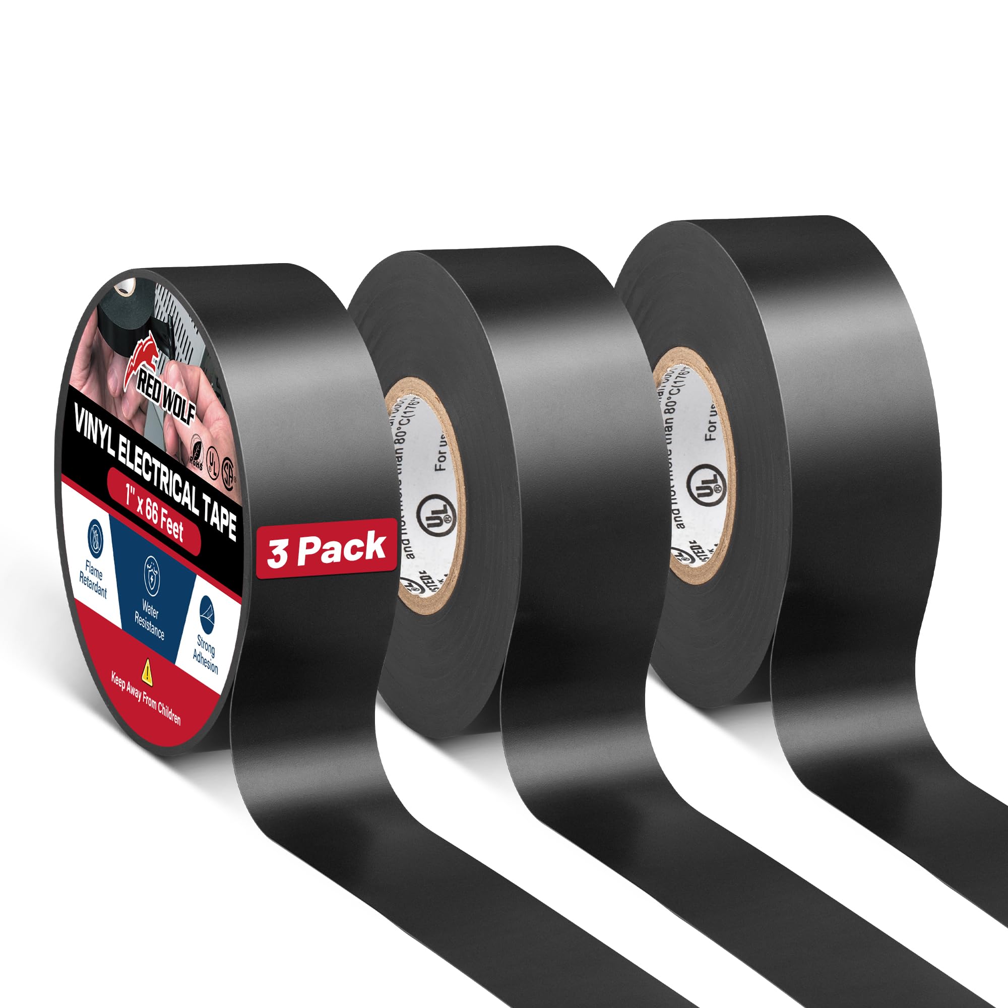 RED WOLF Vinyl Electrical Tape 1"-66Ft 3 Pcs, UL CSA Listed PVC Electric Tape 7 Mil Thick Flame Retardant Strong Rubber Based Adhesive Tape Rated 600V