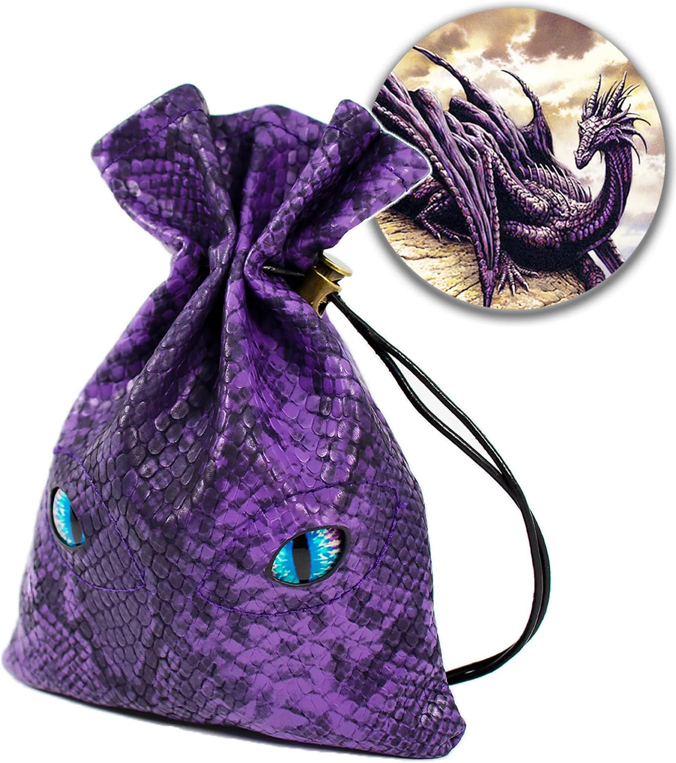Byhoo DND Dice Bag Can Cover 6 Sets, Glow in The Dark Eyes, Purple Dragon Leather Coins Bag for Fantasy Dragons and Dungeons Games Accessories, Drawstring Dice Pouch