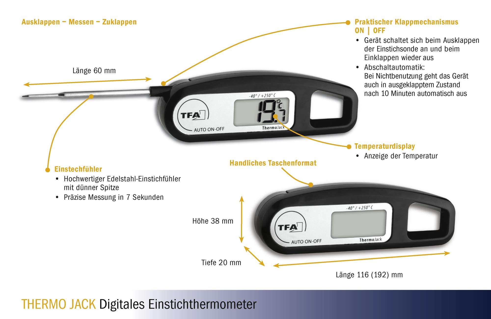 TFA Dostmann Thermo Jack cwkłuwalny/wtykowy termometr cyfrowy, 30.1047.01, kontrola produktów spozywczych, zmywalny, czarny
