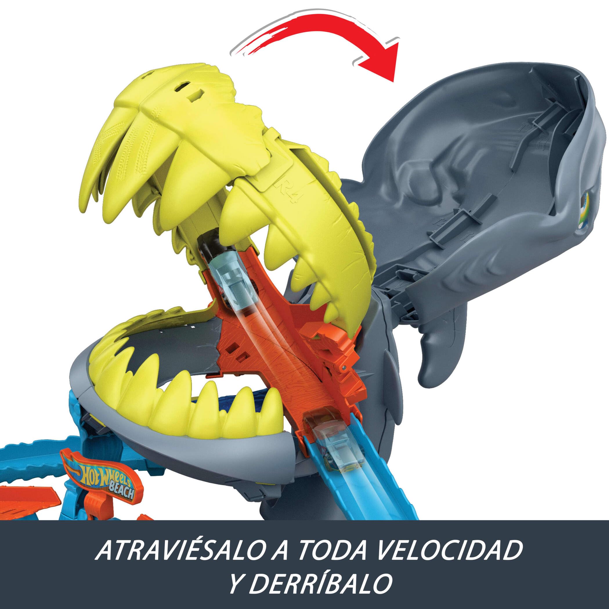 Hot Wheels Conjunto de Juego con Pista y vehículo metálico de Juguete a Escala 1:64, Playa del tiburón mordedor 2 Formas de Jugar, noquea al tiburón o te devorará, JHL96