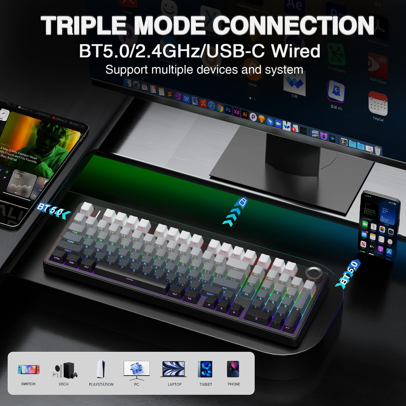 AULA F99 Pro Mechanische Gaming Tastatur,3-Modus Wireless Mechanische Tastatur mit Knopf,Fünfschichtige Polsterung Struktur,Seitlich Graviert,RGB,QWERTY,Hot-swap Custom Keyboard